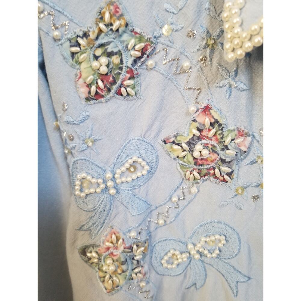 Vtg Jane Ashley Womens M Shirt Beaded Pearl Bows Embroidered Button down